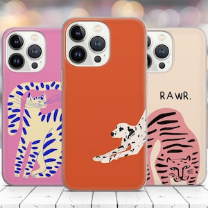 Illustrated animals Phone case tiger rawr lover cat dog for iPhone 14 13 Pro Max 12 11 X XS 8 7, Samsung S20 FE, S21 Ultra, A12, Huawei P30