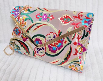 Champagne Satin Floral Multicolor Bridal Prom Wedding Evening Clutch Party Hand Bag