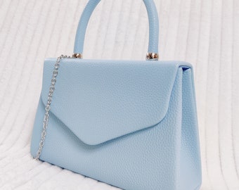 Pale Blue Faux Leather Tote Style Top Handle Bridal Prom Wedding Evening Clutch Party Hand Bag