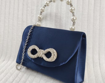 Navy Blue Satin Diamante Bow Tote Style Pearl Top Handle Prom Wedding Evening Clutch Party Hand Bag