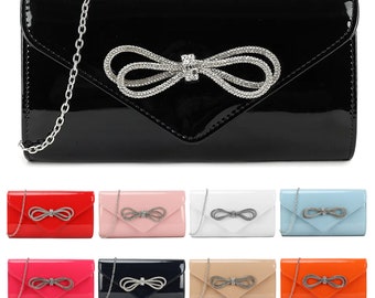 Diamante Bow Patent Leather Prom Bridal Wedding Evening Clutch Party Hand Bag