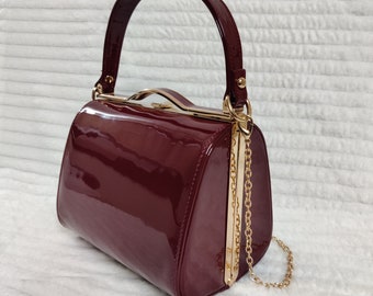 Burgundy Top Handle Patent Leather Cross Body Bridal Prom Wedding Evening Party Clutch Hand Bag