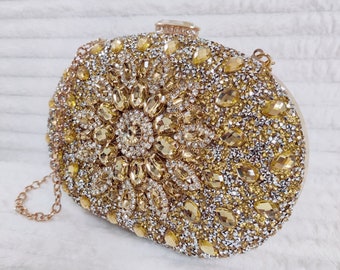 Gold Shiny Glitter Diamante Crystal Hard Case Bridal Prom Wedding Evening Clutch Party Purse Hand Bag