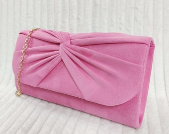 Pink Women's Suede Pleated Style Bridal Prom Wedding Evening Clutch Party Purse Hand Bag