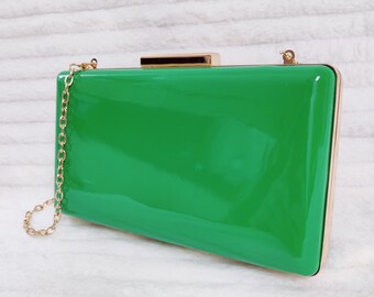 Green Patent Leather Hard Case Bridal Prom Wedding Evening Clutch Party Purse Hand Bag