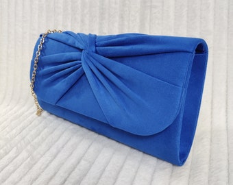 Royal Blue Women's Suede Pleated Style Bridal Prom Wedding Evening Clutch Party Purse Hand Bag