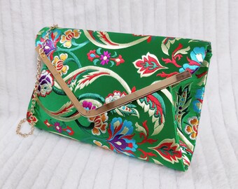 Green Satin Floral Multicolor Bridal Prom Wedding Evening Clutch Party Hand Bag