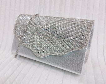 Silver Shiny Glitter Diamante Crystal Bridal Prom Wedding Evening Clutch Fashion Party Hand Bag