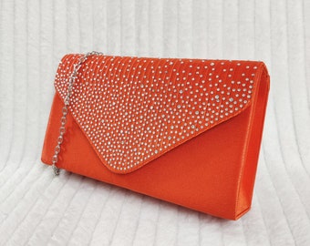 Orange Satin Diamante Bridal Prom Wedding Evening Clutch Party Purse Hand Bag