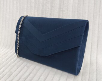 Plain Suede Envelop Style Bridal Wedding Evening Clutch Party Purse Hand Bag Navy Blue