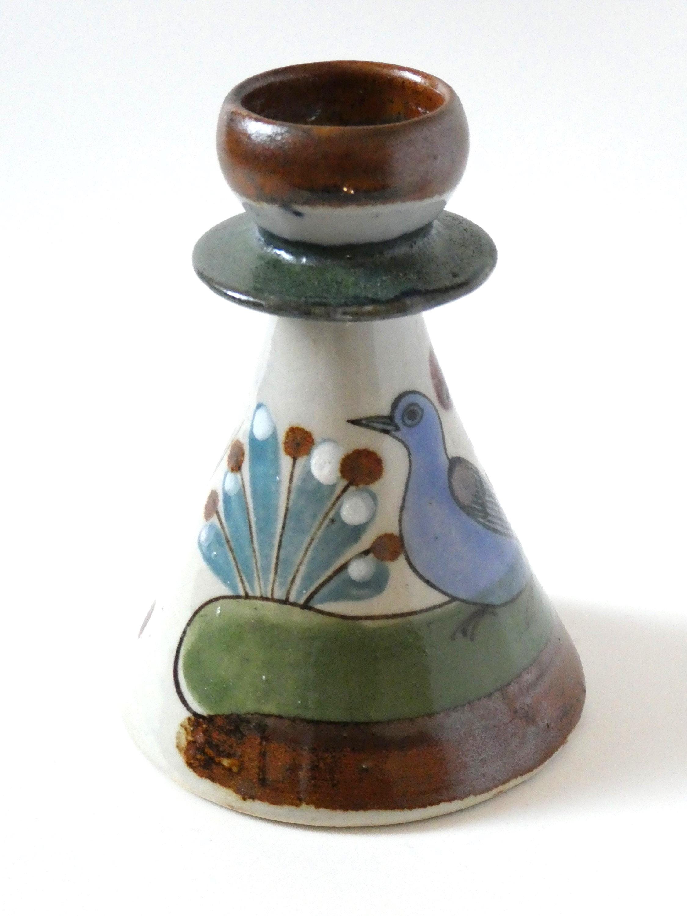 Candlestick form chess piece ceramic Mexico hand painted Tonala marked KE Ken Edwards