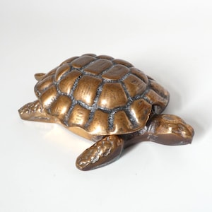 Könnte beinhalten: Eine bronzefarbene Schildkrötenfigur mit strukturierter Schale und detaillierten Gliedmaßen. Die Skulptur steht vor einem weißen Hintergrund, der ihre metallische Oberfläche und ihr aufwendiges Design hervorhebt. Ein dekorativer Artikel.