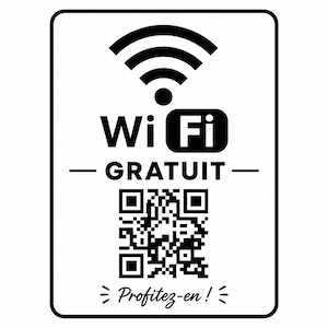 Peut inclure: Un panneau rectangulaire aux coins arrondis affichant un symbole Wi-Fi noir en haut. En dessous, le texte indique Wi Fi, GRATUIT, et un code QR. En bas, le texte indique Profitez-en ! Le design est entièrement noir sur fond blanc.