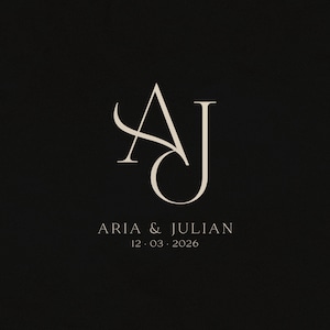 Pode incluir: Fundo preto elegante com um monograma creme das letras "A" e "J". Abaixo do monograma, os nomes "Aria & Julian" e a data "12.03.2026" são exibidos em uma delicada fonte serif. O design é simples e sofisticado.
