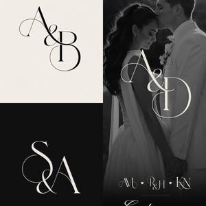 May include: A digital display featuring custom monogram designs with elegant serif lettering. The image shows various letter combinations like A&B, A&D, and S&A, alongside the text AM, RH, KN, and the words Custom MONOGRAM in a black and white layout.