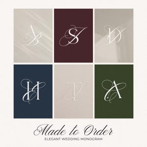 May include: Six elegant wedding monograms in various colours, including beige, burgundy, navy, and green. Each card features a different stylized letter combination in white. The phrase "Made to Order" and "Elegant Wedding Monogram" are at the bottom.