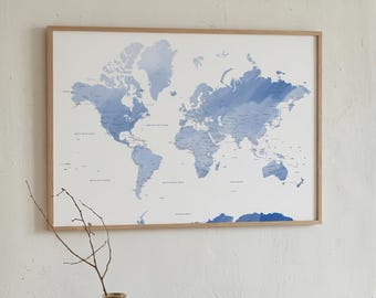 Blue Watercolor World Map print | Large Format poster | Travel Wall Art