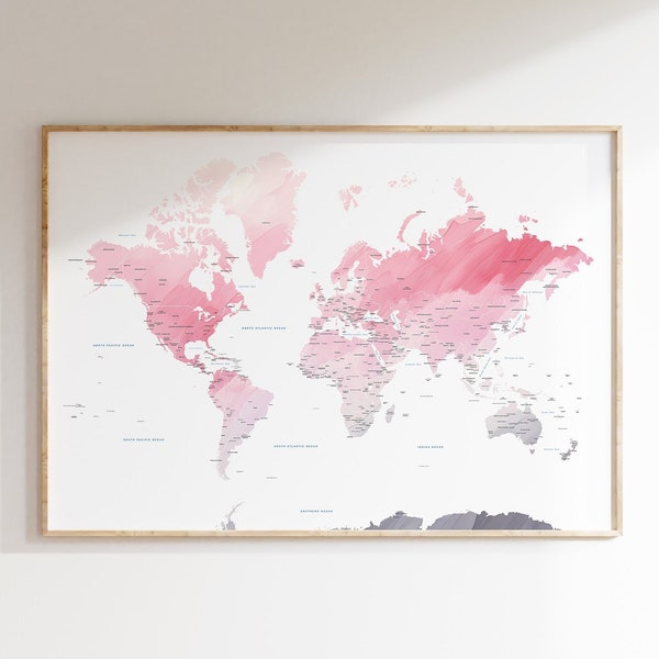 Watercolor World Map print | Different sizes and canvas | Pink World Map canvas wall art