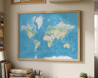 Physical World Map Wall Art Print | Topographic Map | Home Office Decor