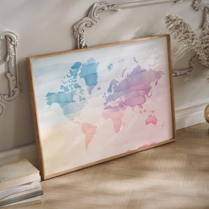 Wereldkaart aquarel in verschillende maten en canvas | Wereldkaart kunst aan de muur