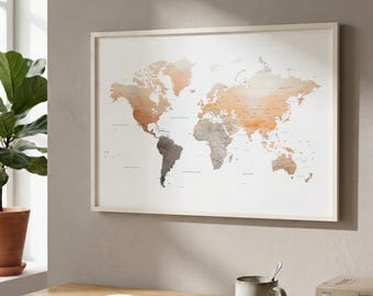 Earth Tones World Map Wall Art | Home Office Decor