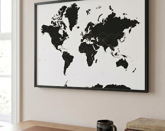Black World Map Print with cities | Minimalist Wall Art | Modern Living Room Decor