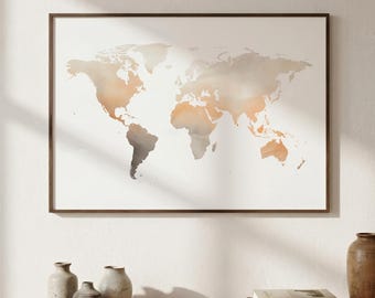 Soft Earth Tones Watercolor World Map | Minimalist Wall Art
