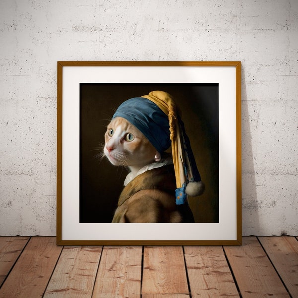 Portrait of ginger Cat with Pearl earring print in different sizes and canvas | Johannes Vermeer wall art