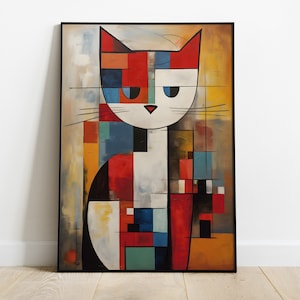 Arte murale Mondrian Cat in diverse dimensioni e opzioni di cornice o tela / Arte murale astratta