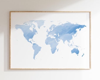 Carte du monde bleue aquarelle de différentes tailles et toiles | Carte du monde art mural