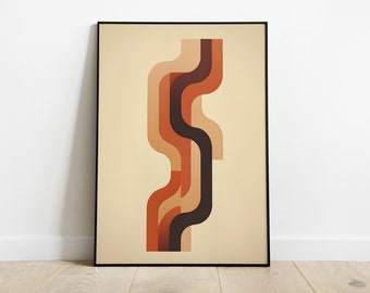 May include: A framed vertical wall art print featuring a series of overlapping, wavy, and curved bands in shades of dark brown, burnt orange, and light tan. The abstract graphic design is centered on a solid, light beige background within a thin black frame.