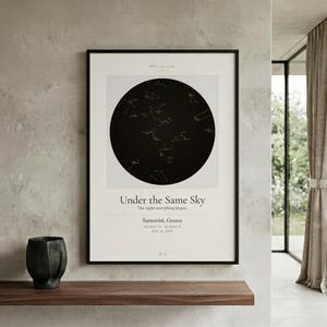 May include: A framed vertical wall art print featuring a circular black star map on a light background. The text reads Under the Same Sky, The night everything began, Santorini, Greece, 36.3932 N 25.4615 E, and May 16, 2020.