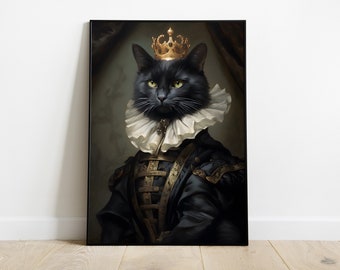 Black Cat print in different sizes and canvas | Black cat King and Queen wall art | Victorian Cat wall art