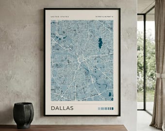 Dallas Map Print | Texas Travel Poster | Blue City Wall Art | DFW Wall Decor