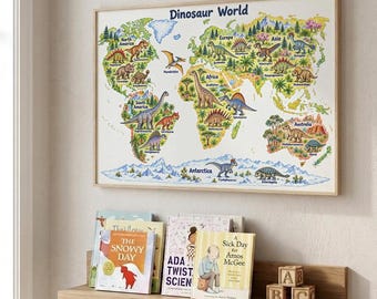 Dinosaur World Map Print | Kids Room Decor | Nursery Wall Art | Educational Poster Gift