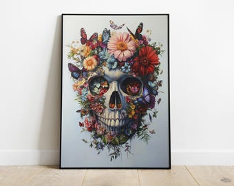 May include: A framed wall art print featuring a human skull adorned with a vibrant arrangement of colorful flowers and butterflies. The skull is surrounded by red, pink, yellow, and blue blossoms, with several butterflies perched atop the floral crown.