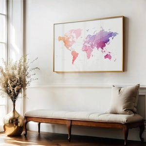Weltkarte in verschiedenen Größen und Rahmenoptionen oder Leinwand | Weltkarte Aquarell Wandbild