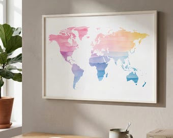 Soft Watercolor Minimalist World Map Print | Home Office Wall Art