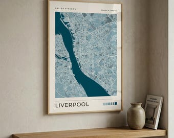 Liverpool City Map Print, Minimalist Blue Wall Art, UK Travel Poster