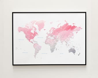 Pink Watercolor World Map Print | Wall Art | Birthday & Anniversary Gift