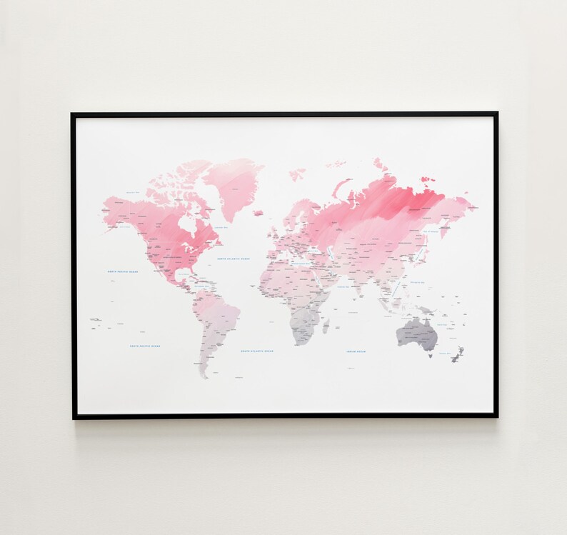 Pink Watercolor World Map Print | Wall Art | Birthday & Anniversary ...