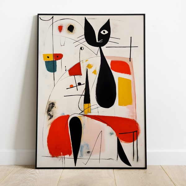 Joan Miro Katzendruck in verschiedenen Größen und Leinwand | Miro Katze Leinwand Kunst | Metall schwarz umrandeter Miroprint