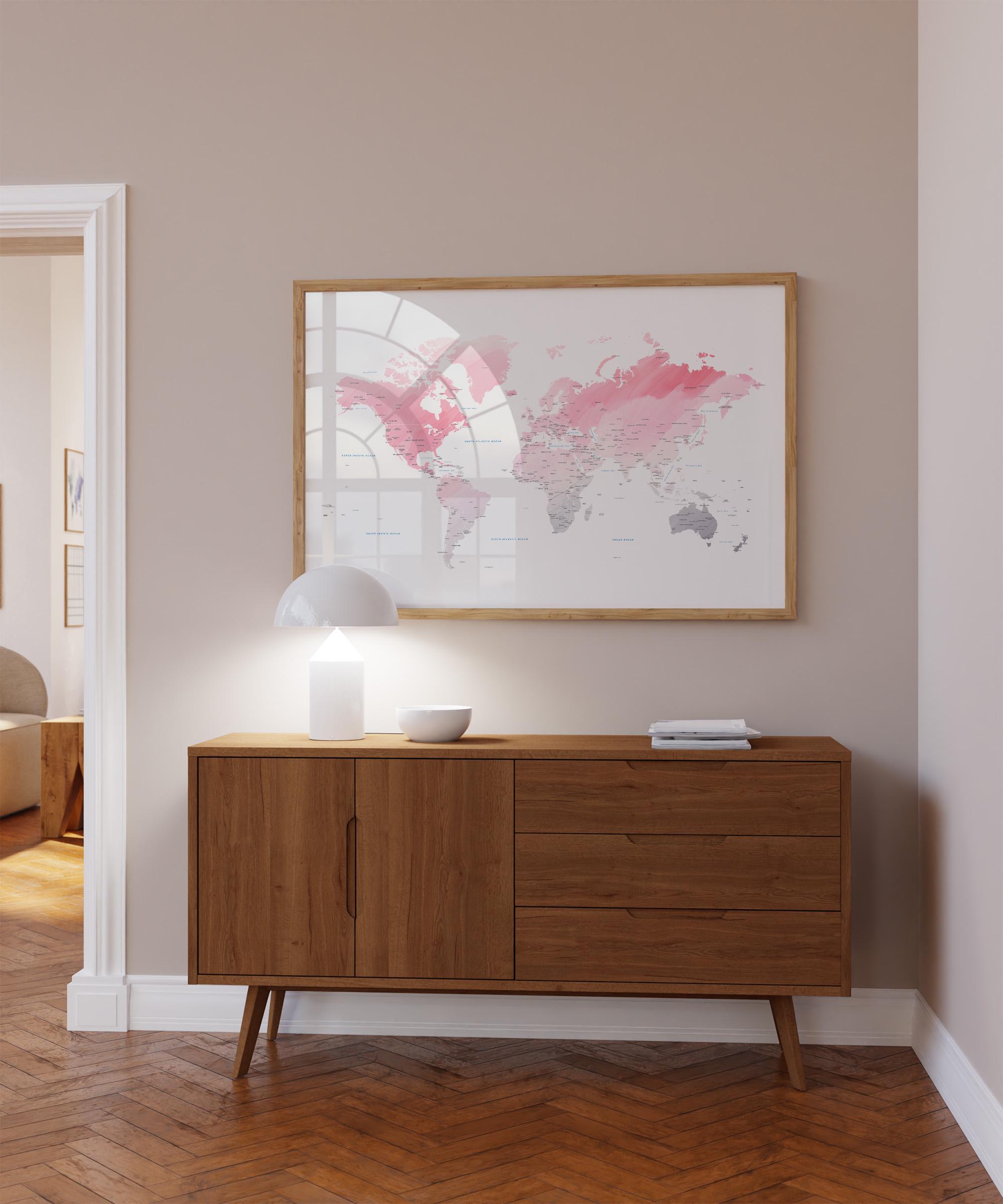Watercolor World Map Print in Pink & Gray Tones. Travel Wall Art Decor ...
