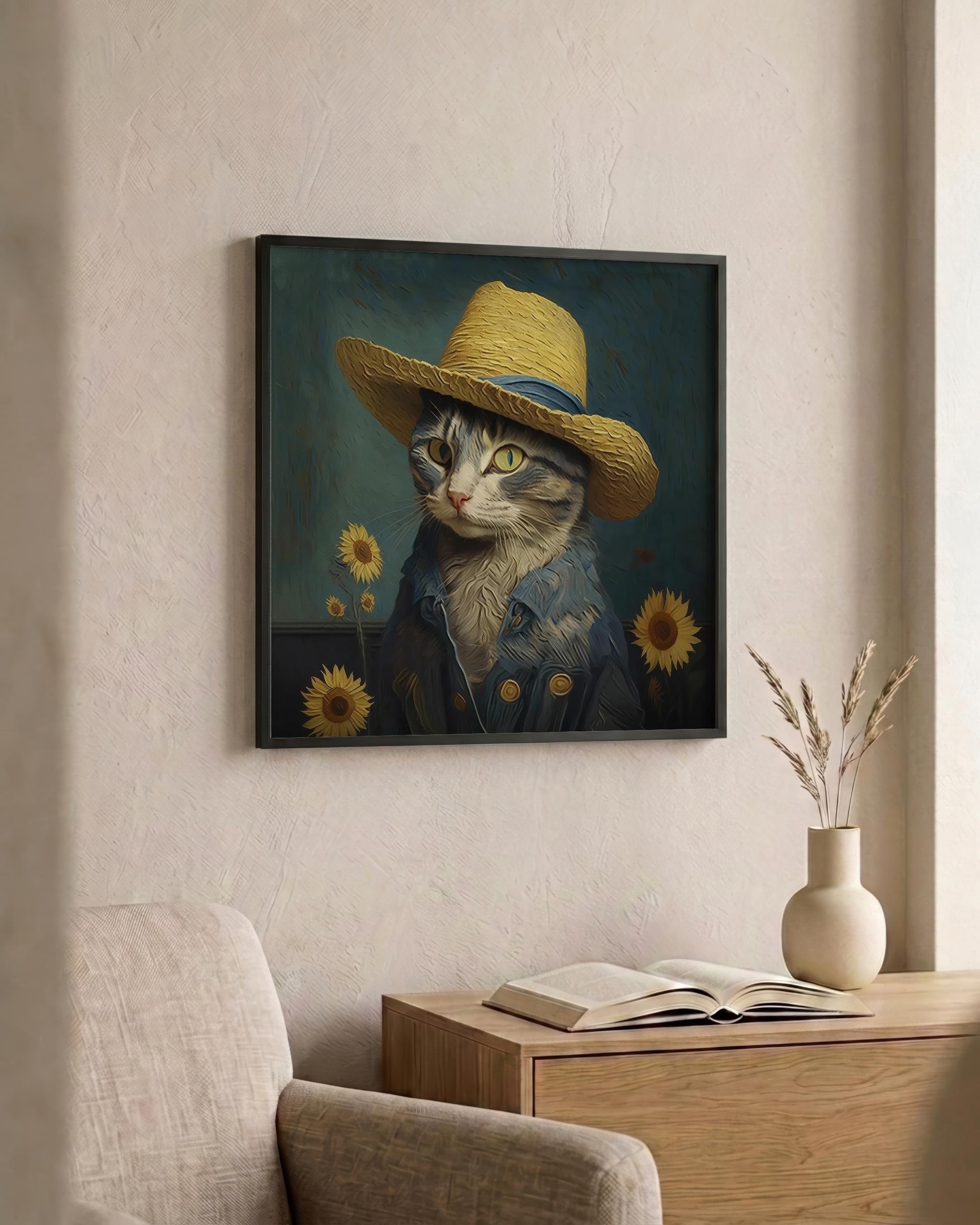 ゴッホ風の灰色の猫の壁掛けアート。麦わら帽子の肖像画。 - Etsy 日本