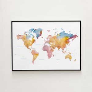 Aquarel wereldkaart print | Reiskunst aan de muur, moderne minimalistische kaartposter | Grote wereldkaartdecor