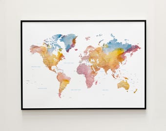 水彩画の世界地図アートプリント｜ミニマリストなウォールアート