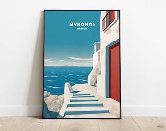 Mykonos Travel Poster | Greek Island Wall Art, Cycladic Architecture Decor, Mediterranean Landscape Poster