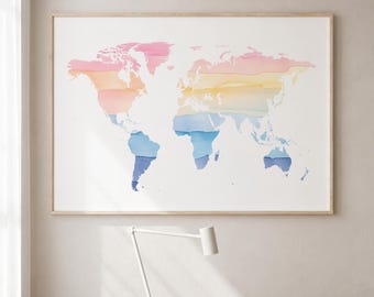 Minimalist Rainbow Watercolor World Map | Home Office Art