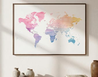 Soft Rainbow Watercolor World Map Print with labels | Colourful Home Office Wall Art