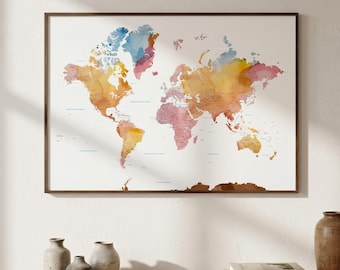 Orange Watercolor World Map Labeled Print | Home Office Wall Art